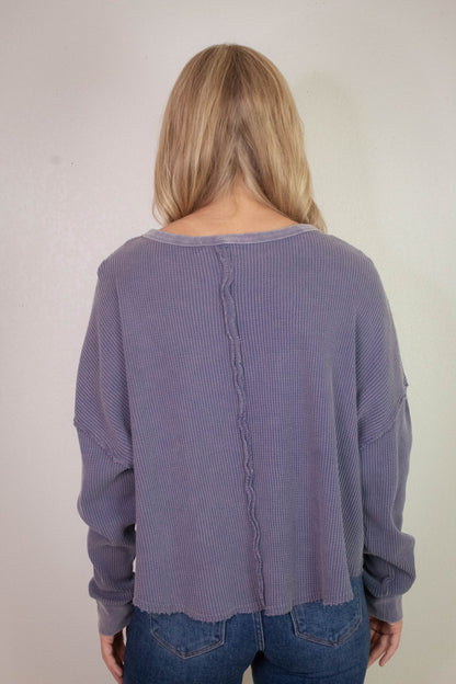  Marlowe Boat Neck Raw Edge Top, Dusty Indigo