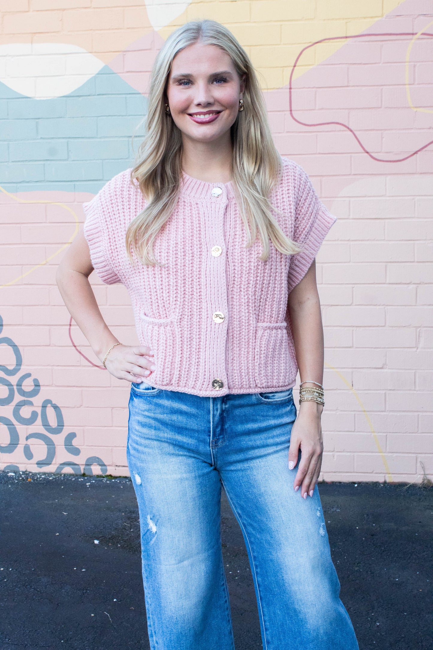  Dorothea Chunky Button Down Sweater, Blush