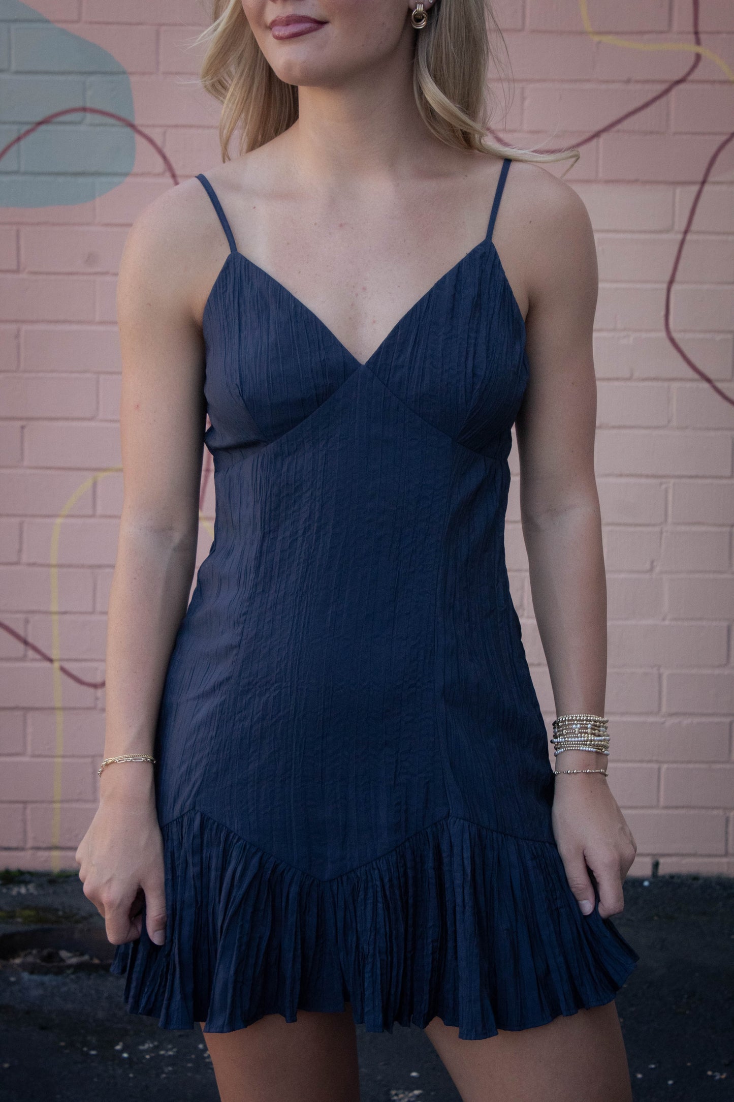  Billie Crinkled Fabric Mini Dress, Navy Blue