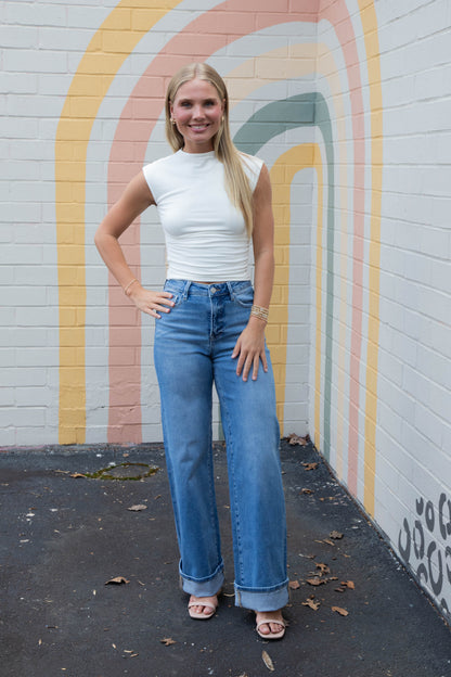  Evie Tummy Control Wide Cuffed Jeans, Medium
