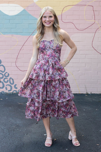  Scottie Tiered Ruffle Dress, Beige/Pink Floral