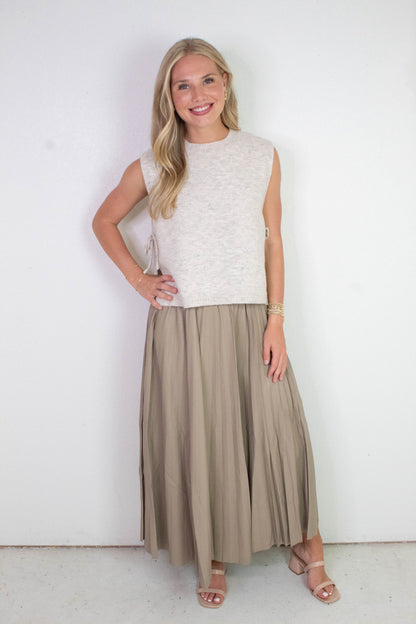  Sallie Vegan Leather Pleated Maxi Skirt, Khaki