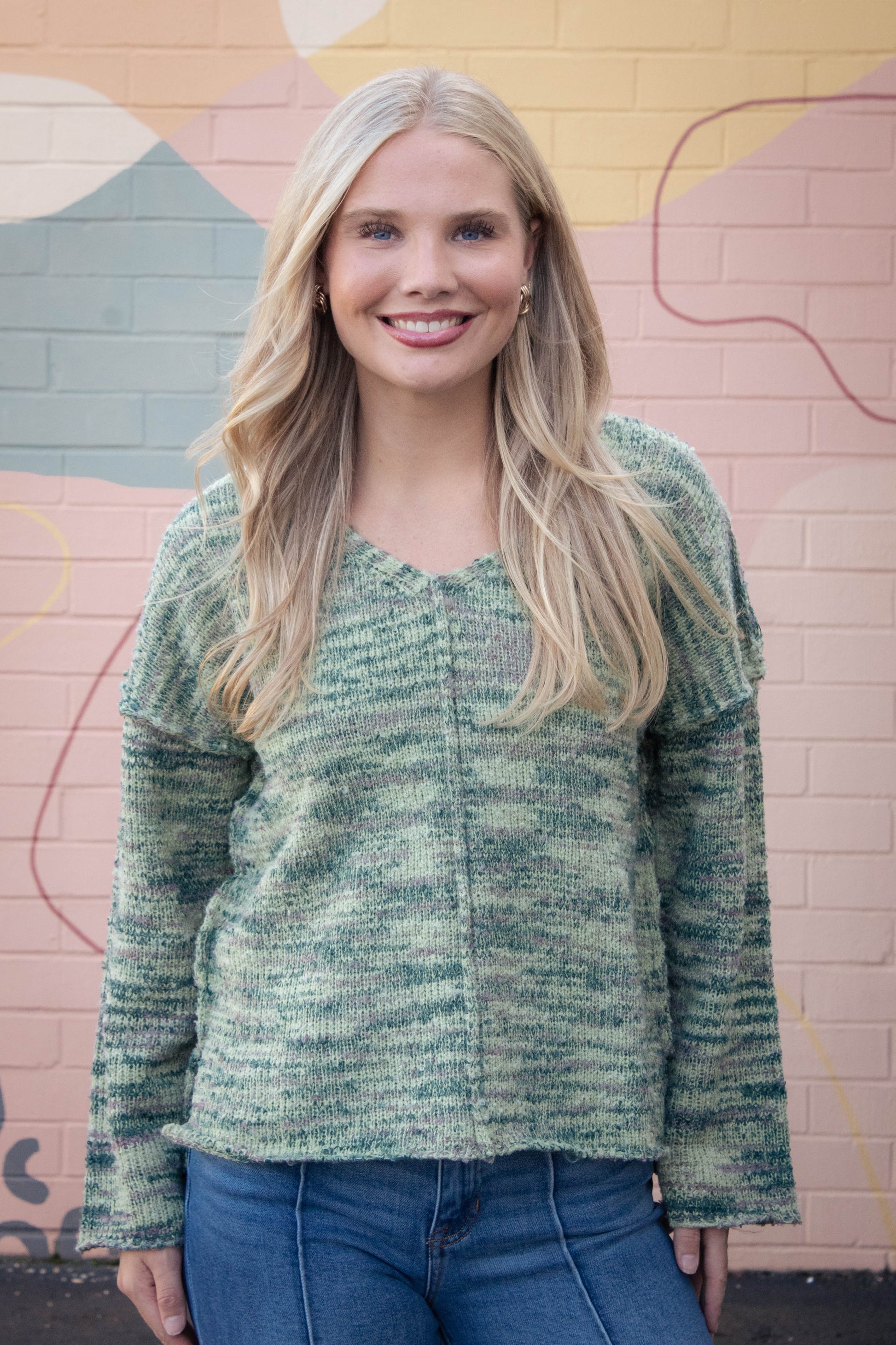  Mavis Seam Detail Sweater, Green Mix
