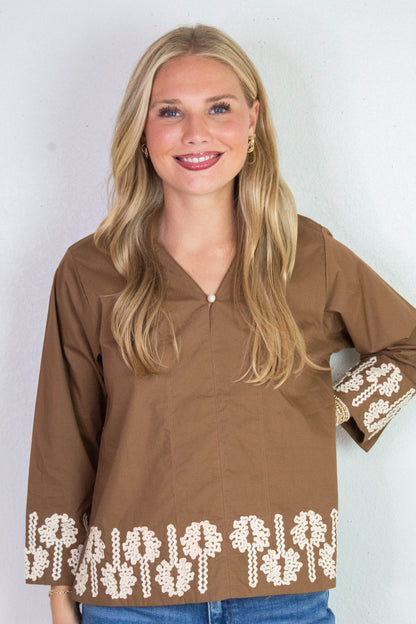  Katie 3D Floral Trim Accent Top, Mocha