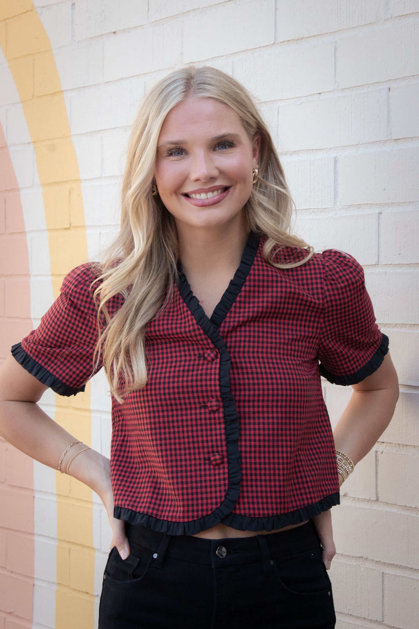  Augustine Contrast Trim Checkered Top, Red Black