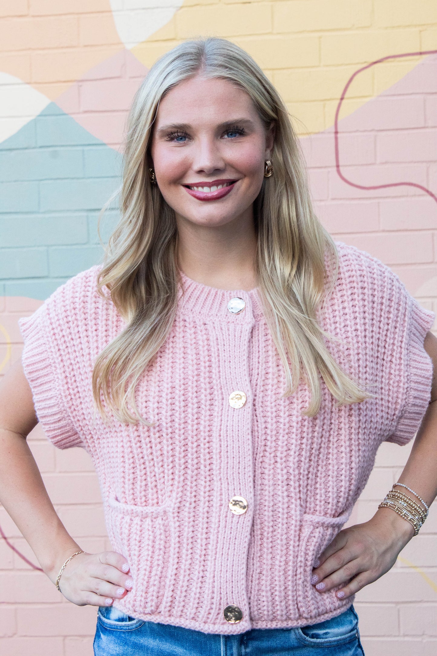  Dorothea Chunky Button Down Sweater, Blush