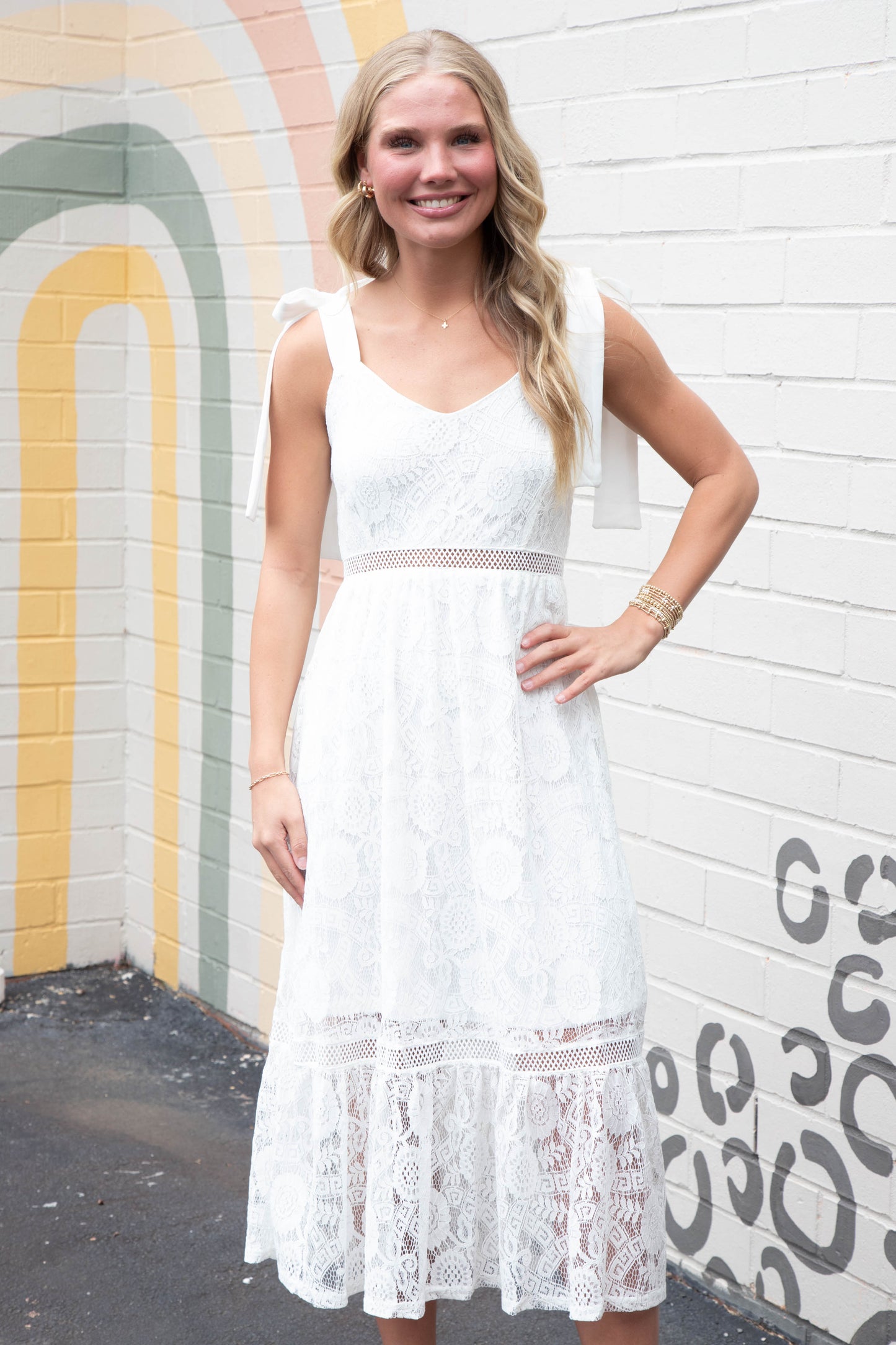  Gabriela Lace Sheer Trim Midi Dress, Off White