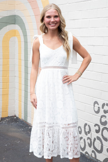  Gabriela Lace Sheer Trim Midi Dress, Off White