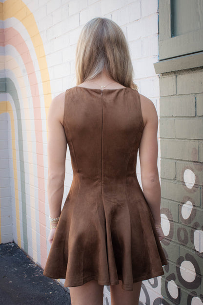  Indi Faux Suede Flare Dress, Camel Brown