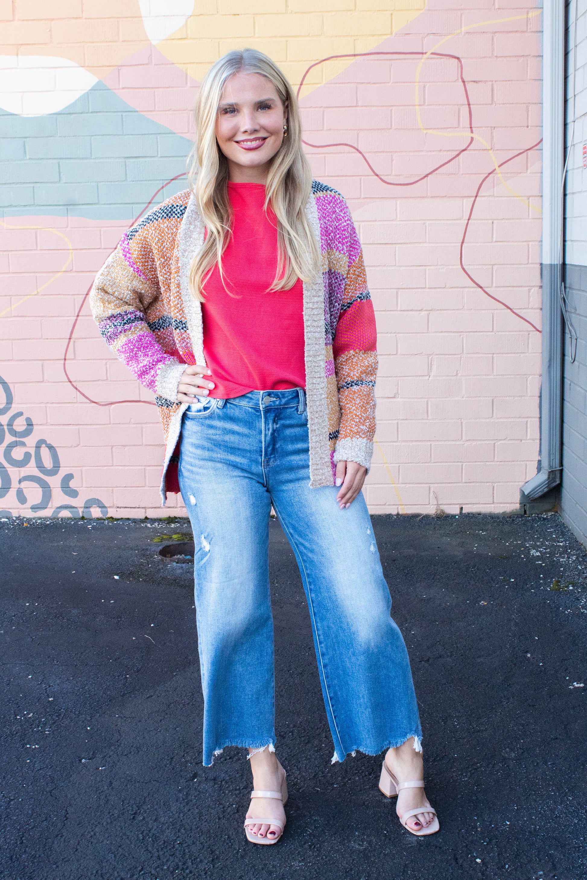  Frankie Oversized Color Block Cardigan, Fuchsia Mustard Multi