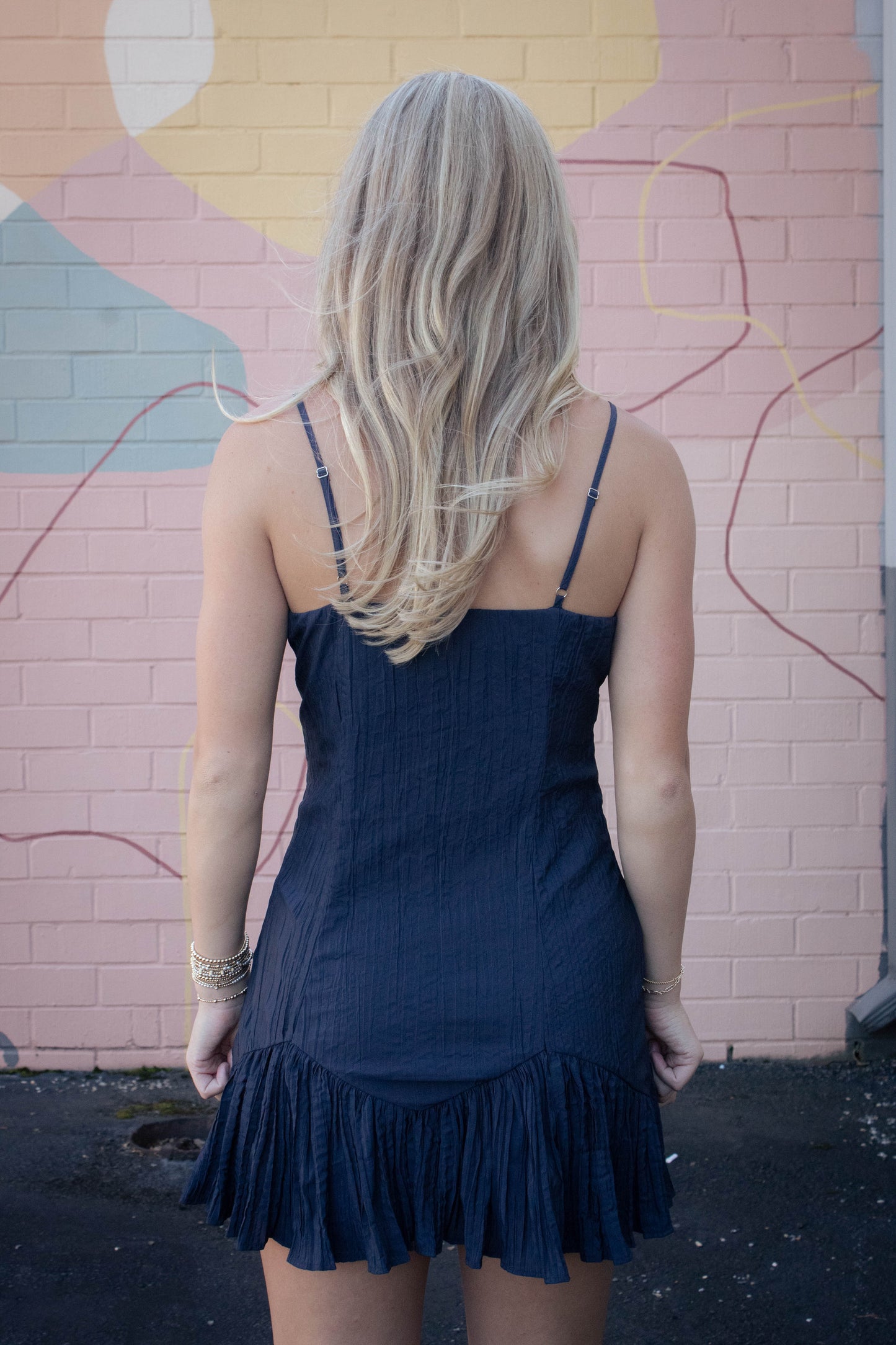  Billie Crinkled Fabric Mini Dress, Navy Blue