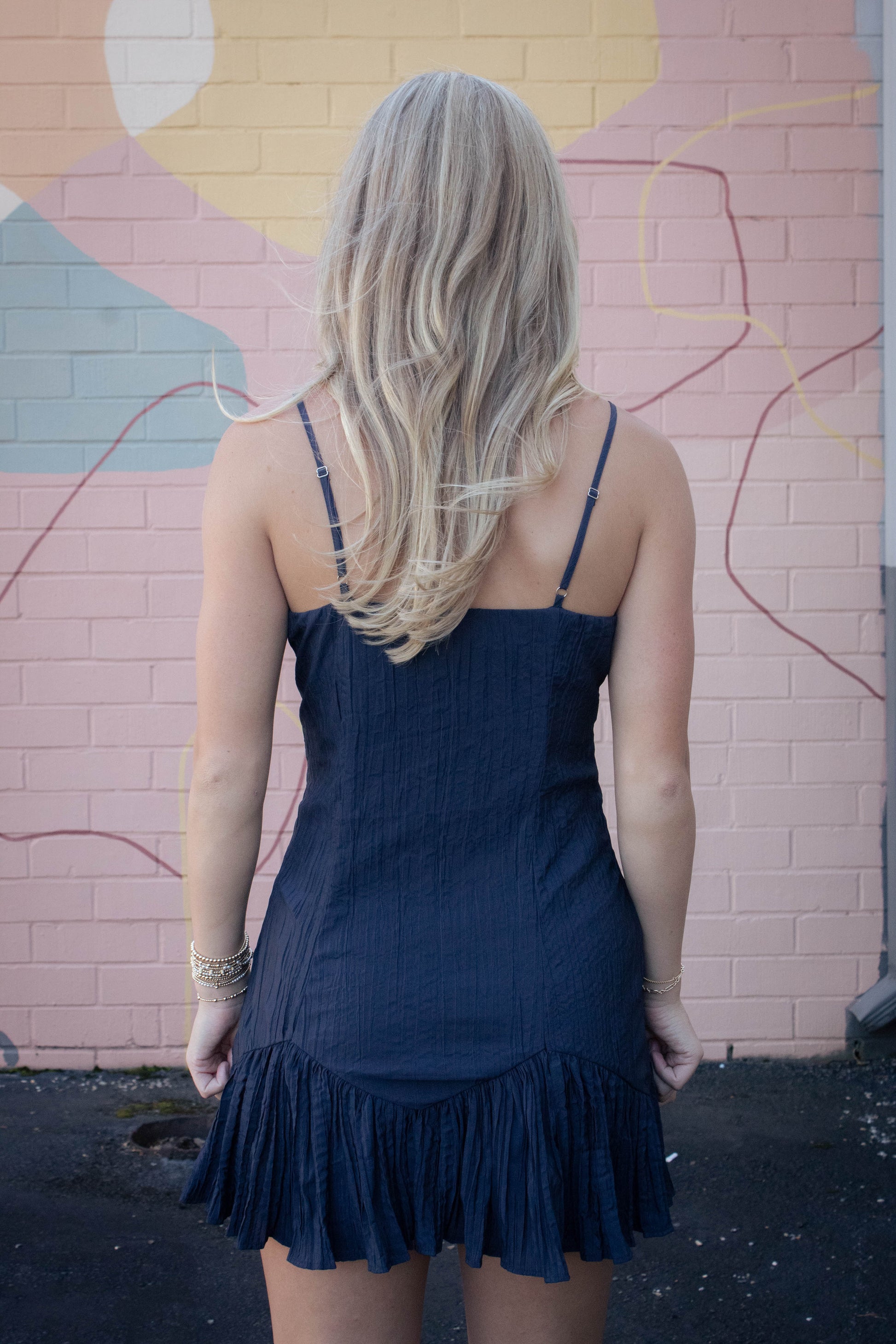  Billie Crinkled Fabric Mini Dress, Navy Blue