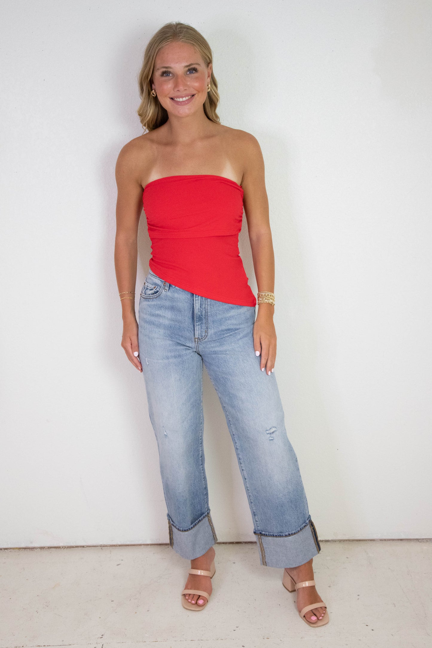  Sonia Asymmetrical Hem Foldover Top, Red