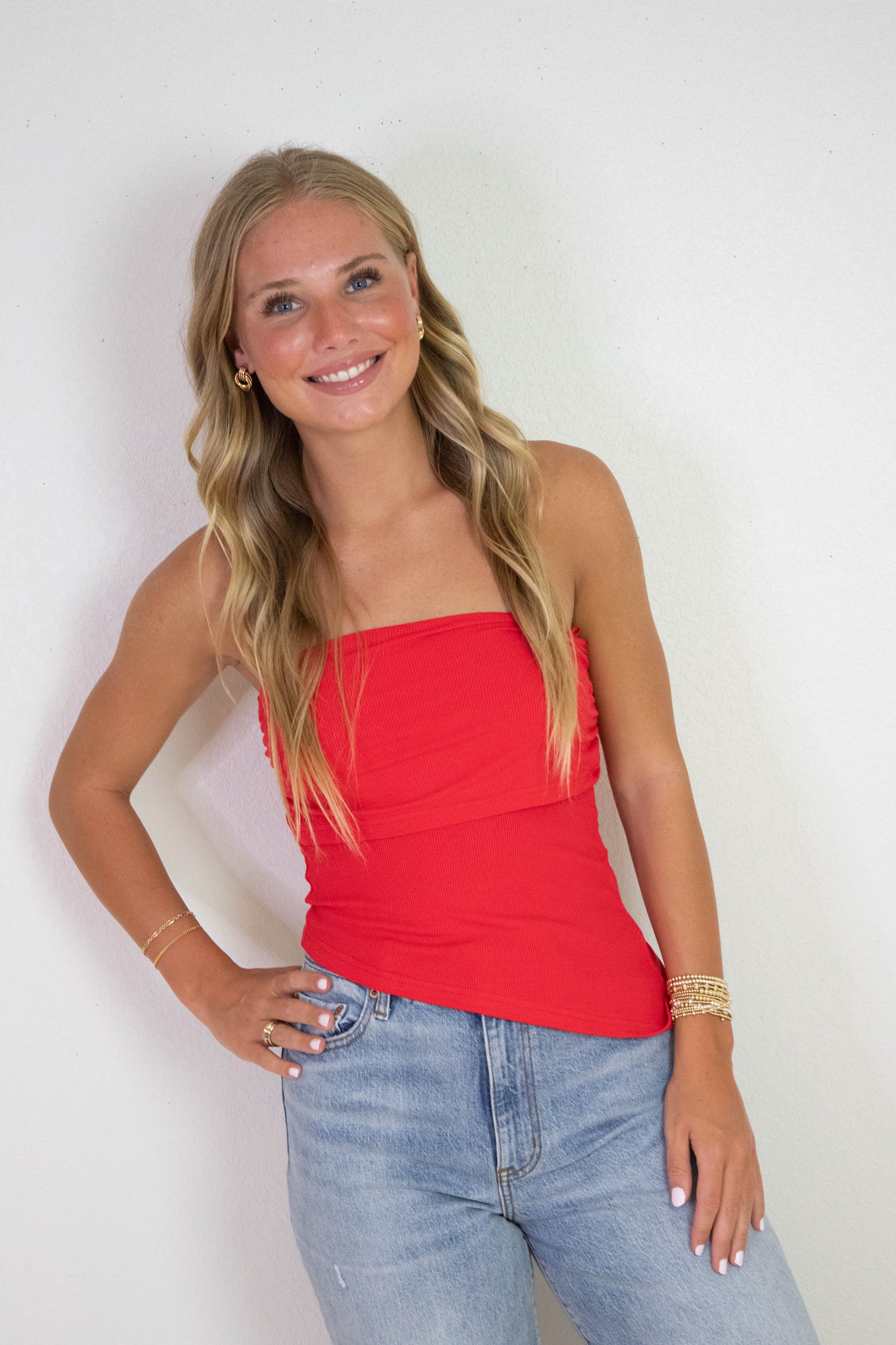  Sonia Asymmetrical Hem Foldover Top, Red