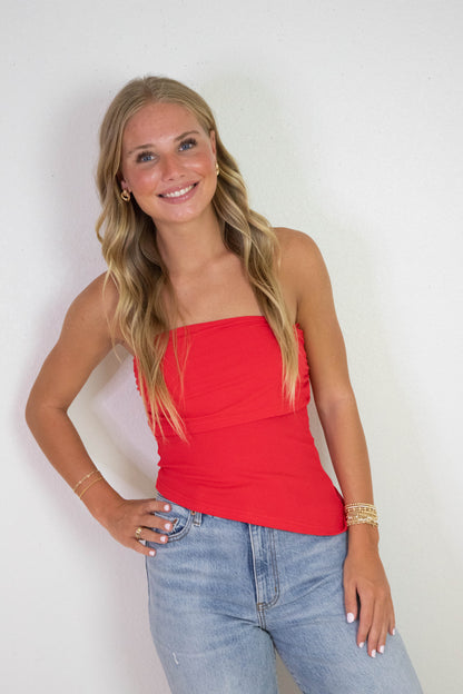  Sonia Asymmetrical Hem Foldover Top, Red