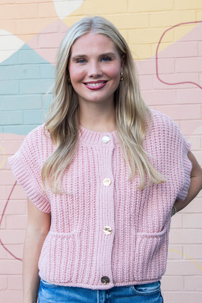  Dorothea Chunky Button Down Sweater, Blush