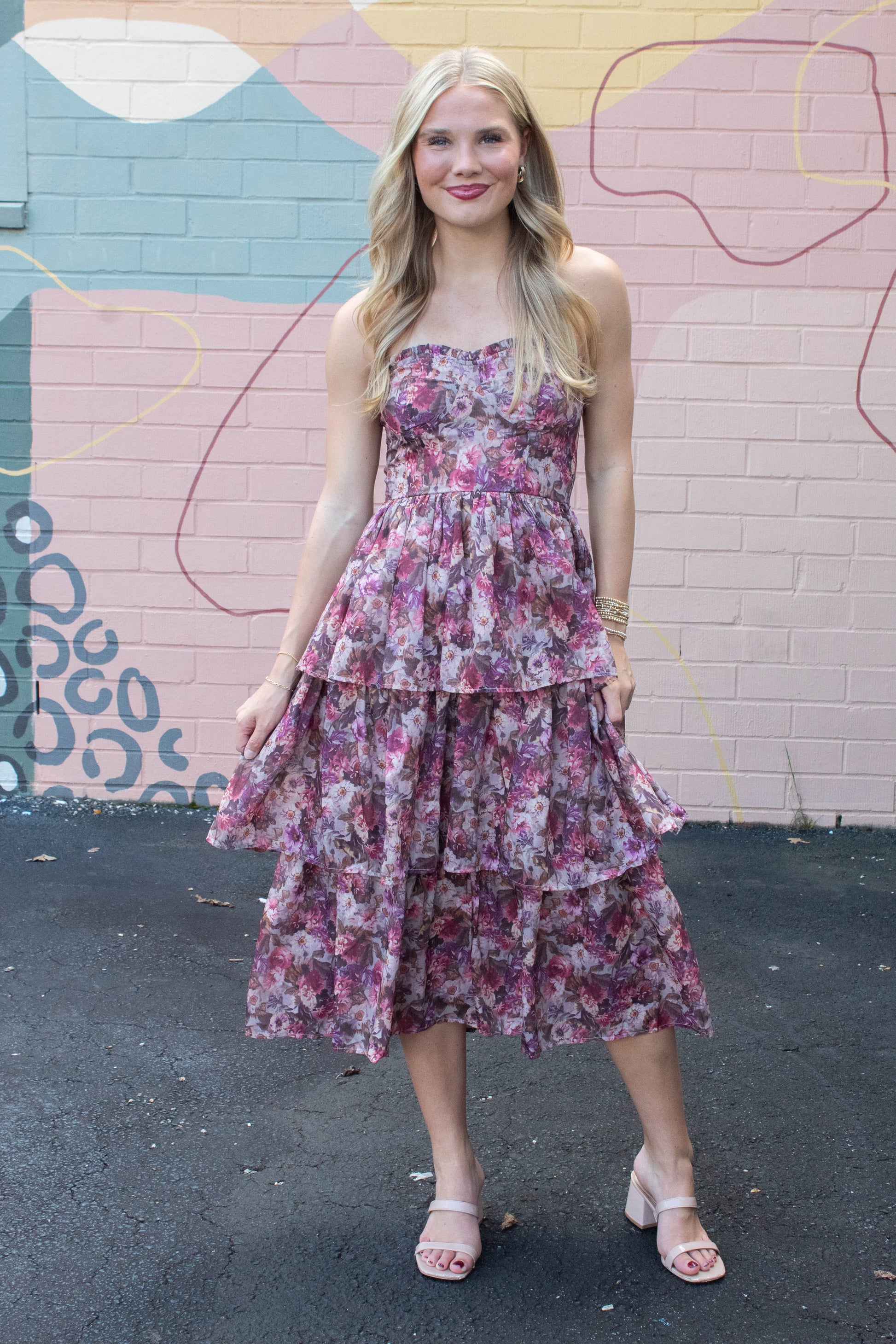  Scottie Tiered Ruffle Dress, Beige/Pink Floral