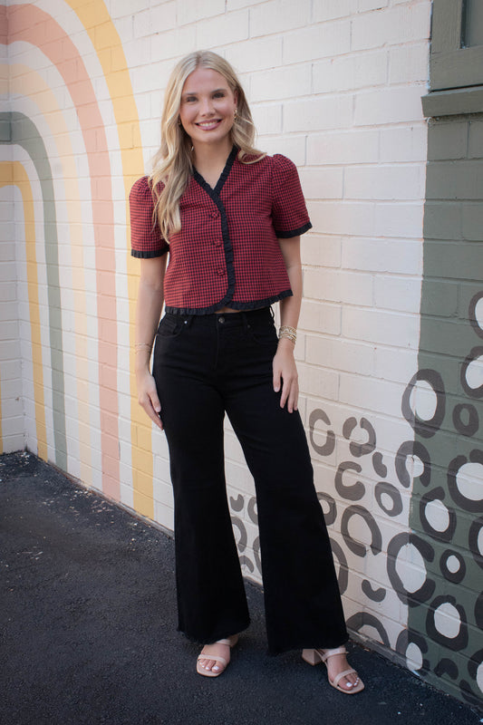  Augustine Contrast Trim Checkered Top, Red Black