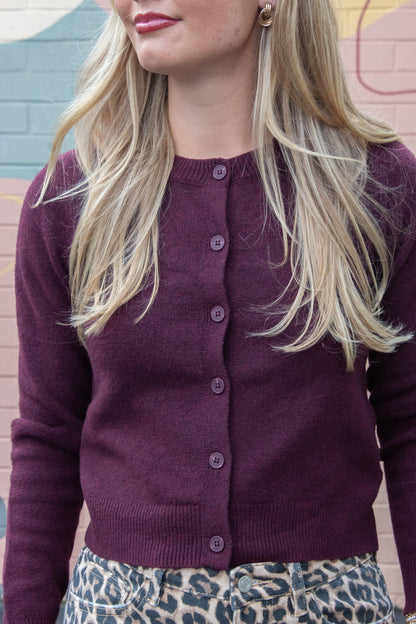  Maria Round Neck Cardigan, Burgundy
