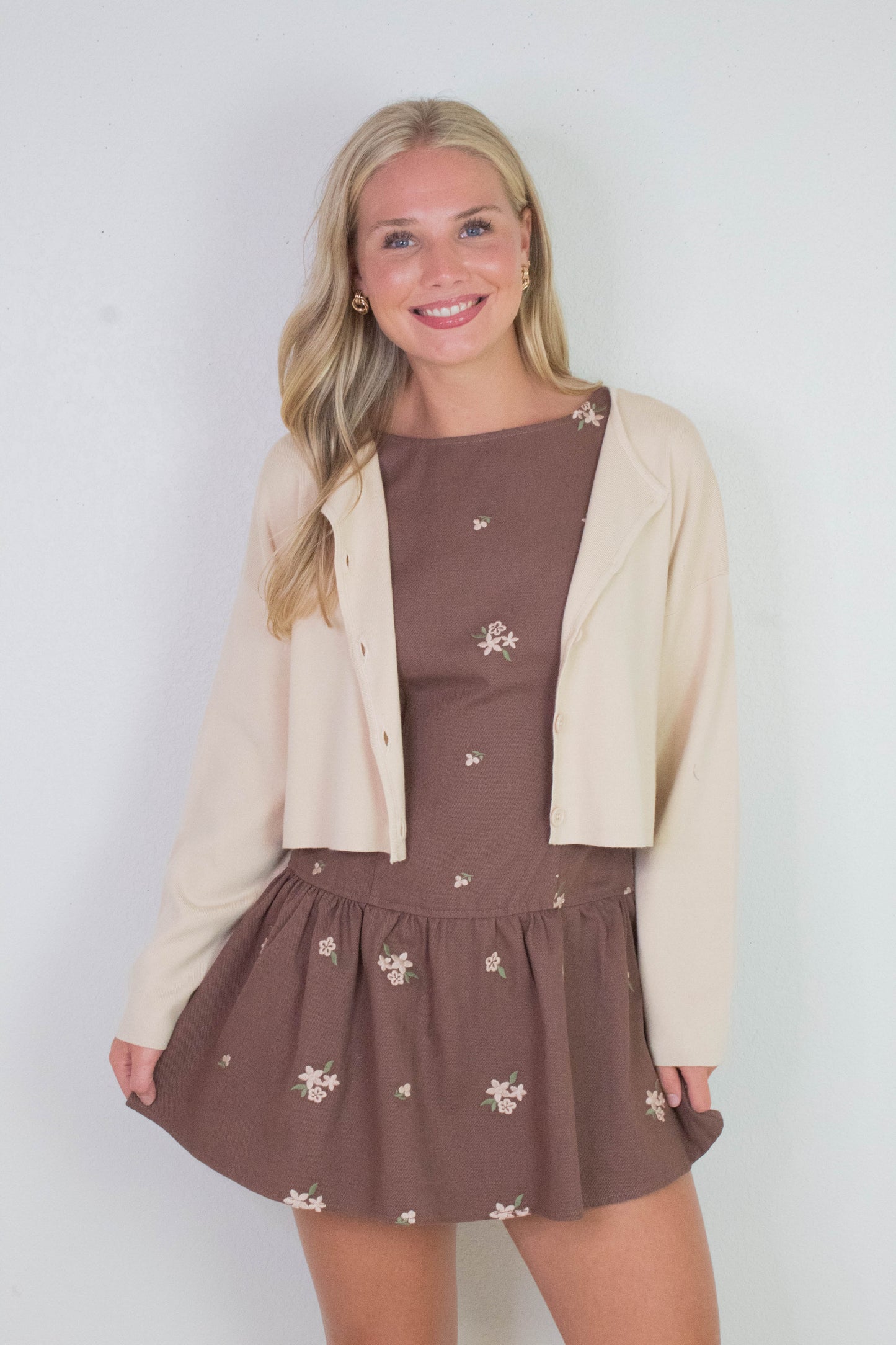  Bianca Cropped Drop Shoulder Cardigan, Beige