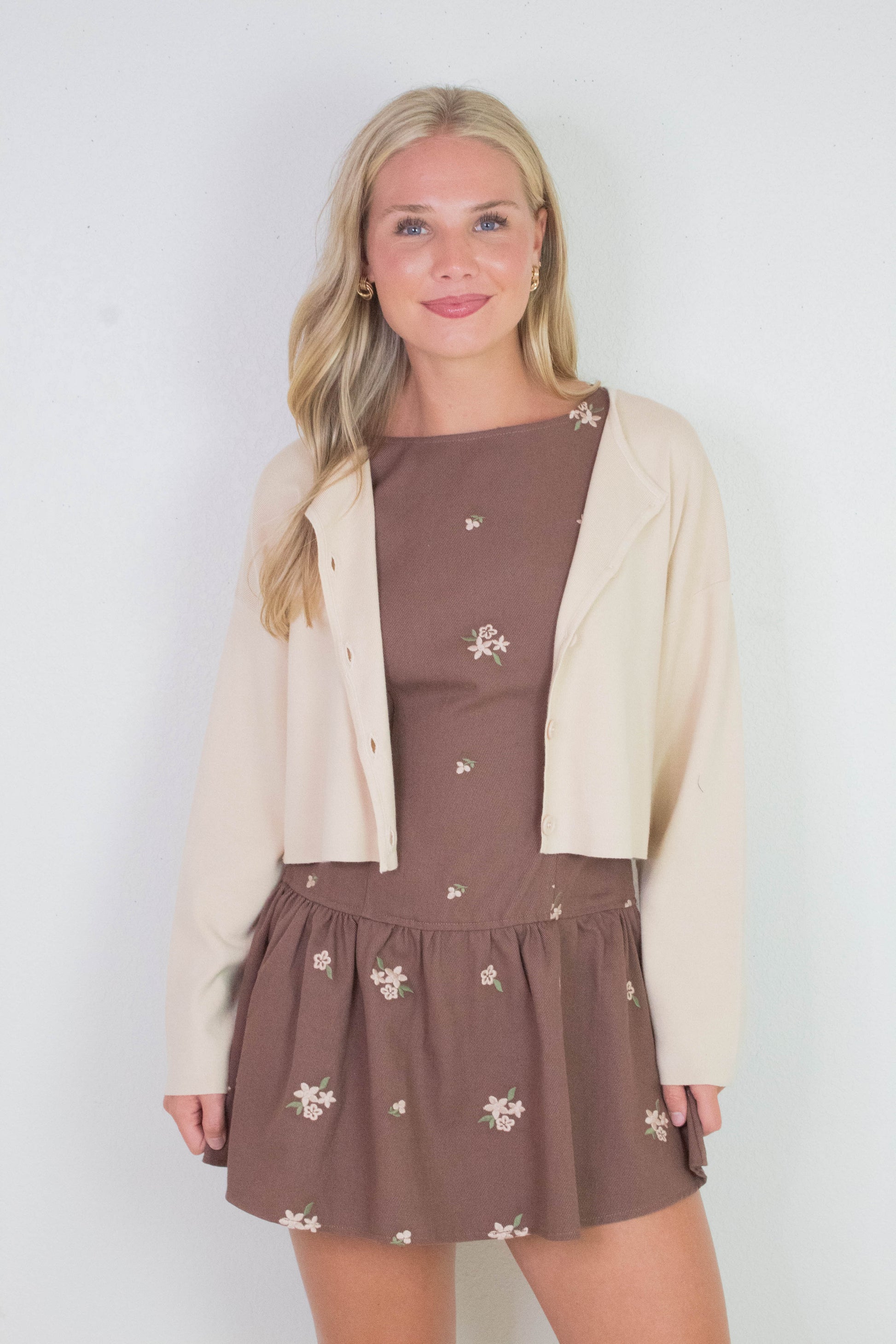  Bianca Cropped Drop Shoulder Cardigan, Beige