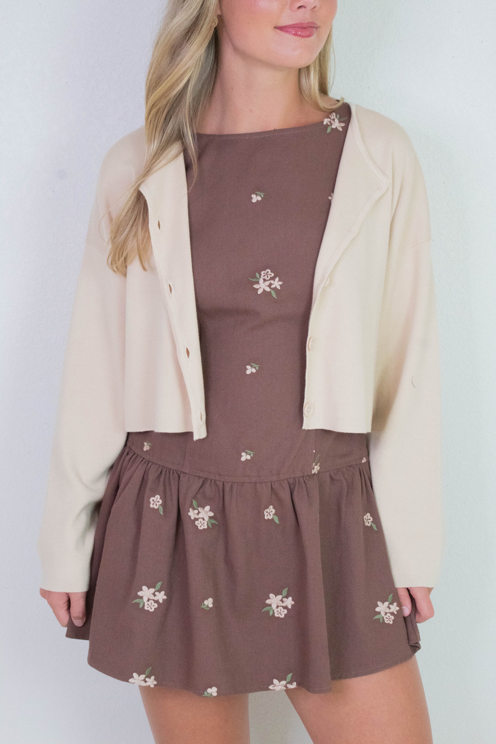  Bianca Cropped Drop Shoulder Cardigan, Beige