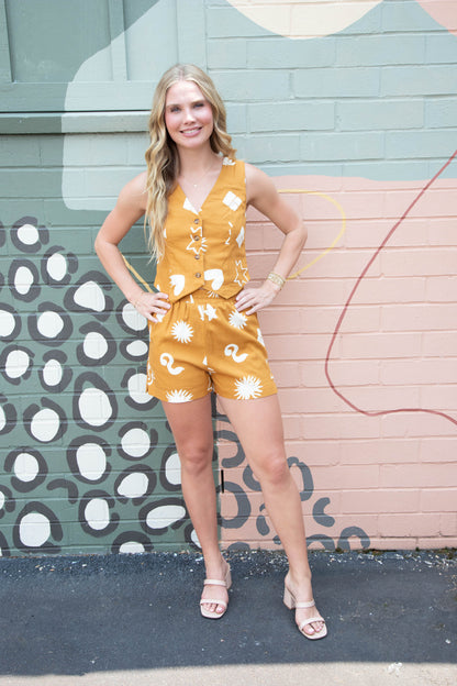  Erin Doodle Print Linen Shorts, Brown