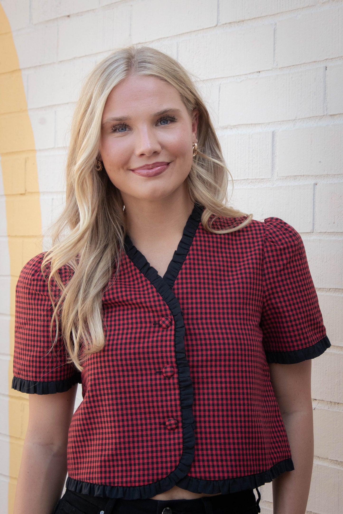  Augustine Contrast Trim Checkered Top, Red Black