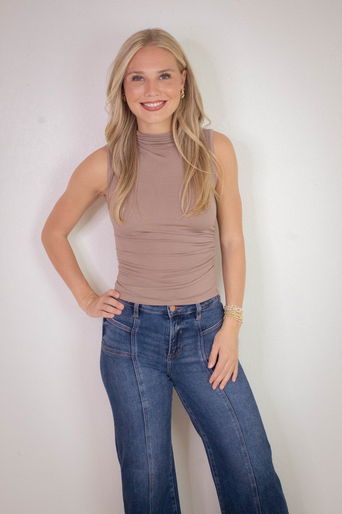  Josephine Mock Neck Ruched Top, Taupe