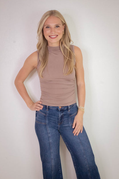  Josephine Mock Neck Ruched Top, Taupe