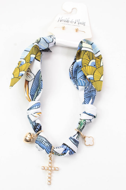  Jazmin Charmed Knotted Scarf Necklace, Blue/Yellow/White