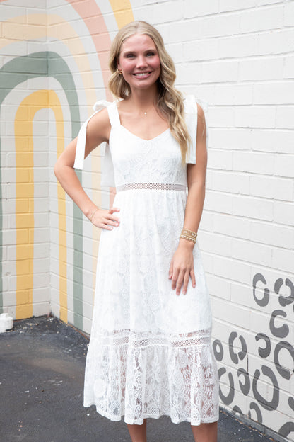  Gabriela Lace Sheer Trim Midi Dress, Off White