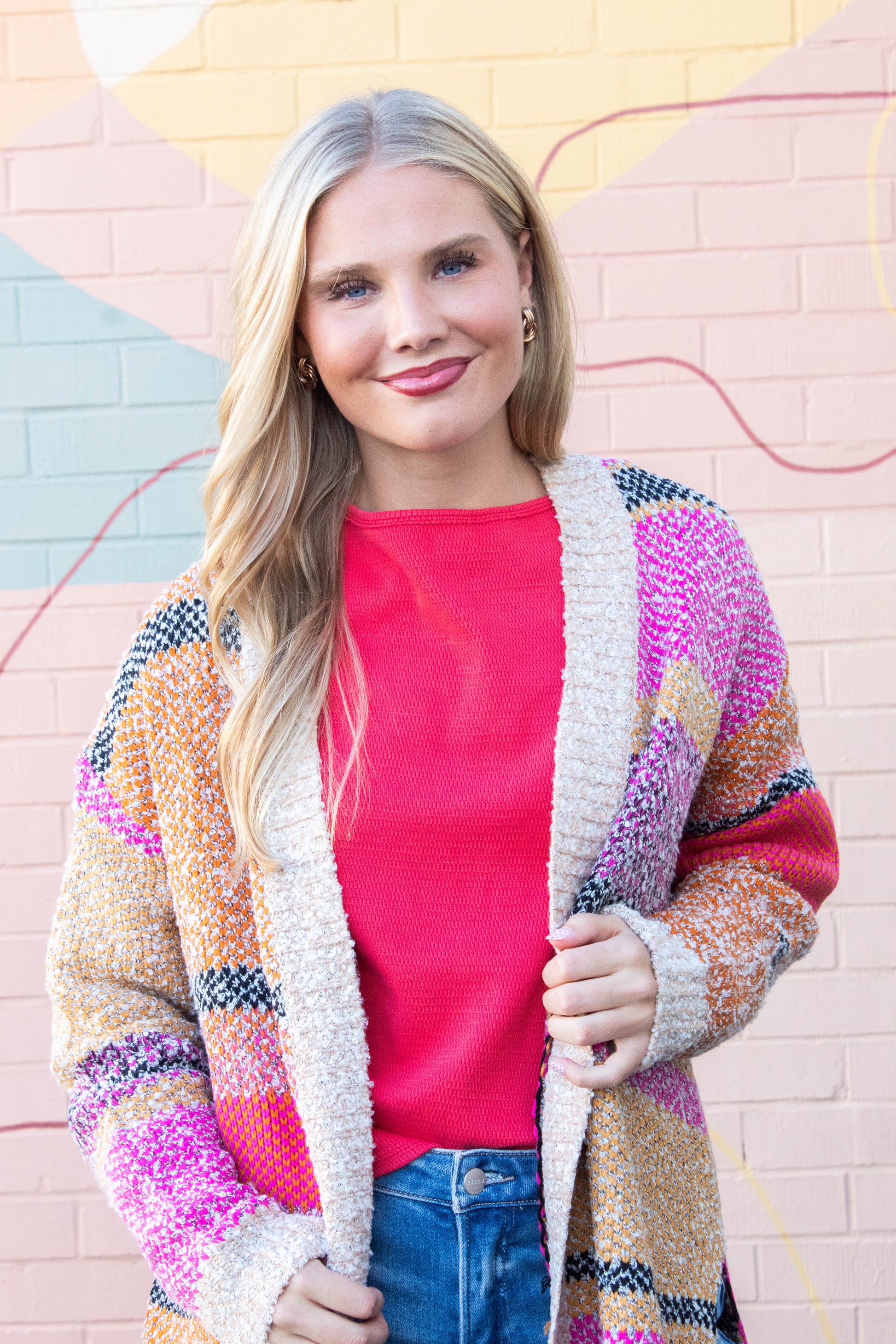  Frankie Oversized Color Block Cardigan, Fuchsia Mustard Multi