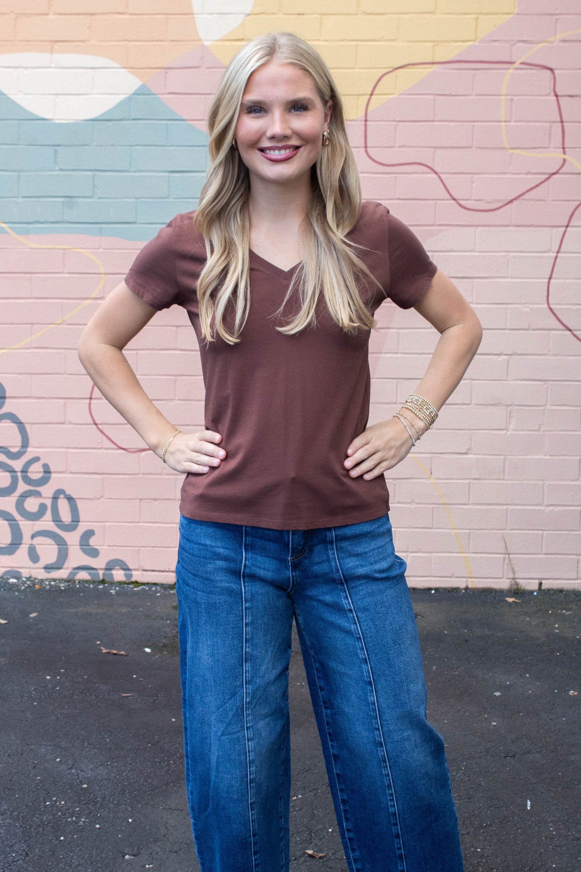 Be Cool Tatum Cotton Jersey V-Neck Tee, Choco