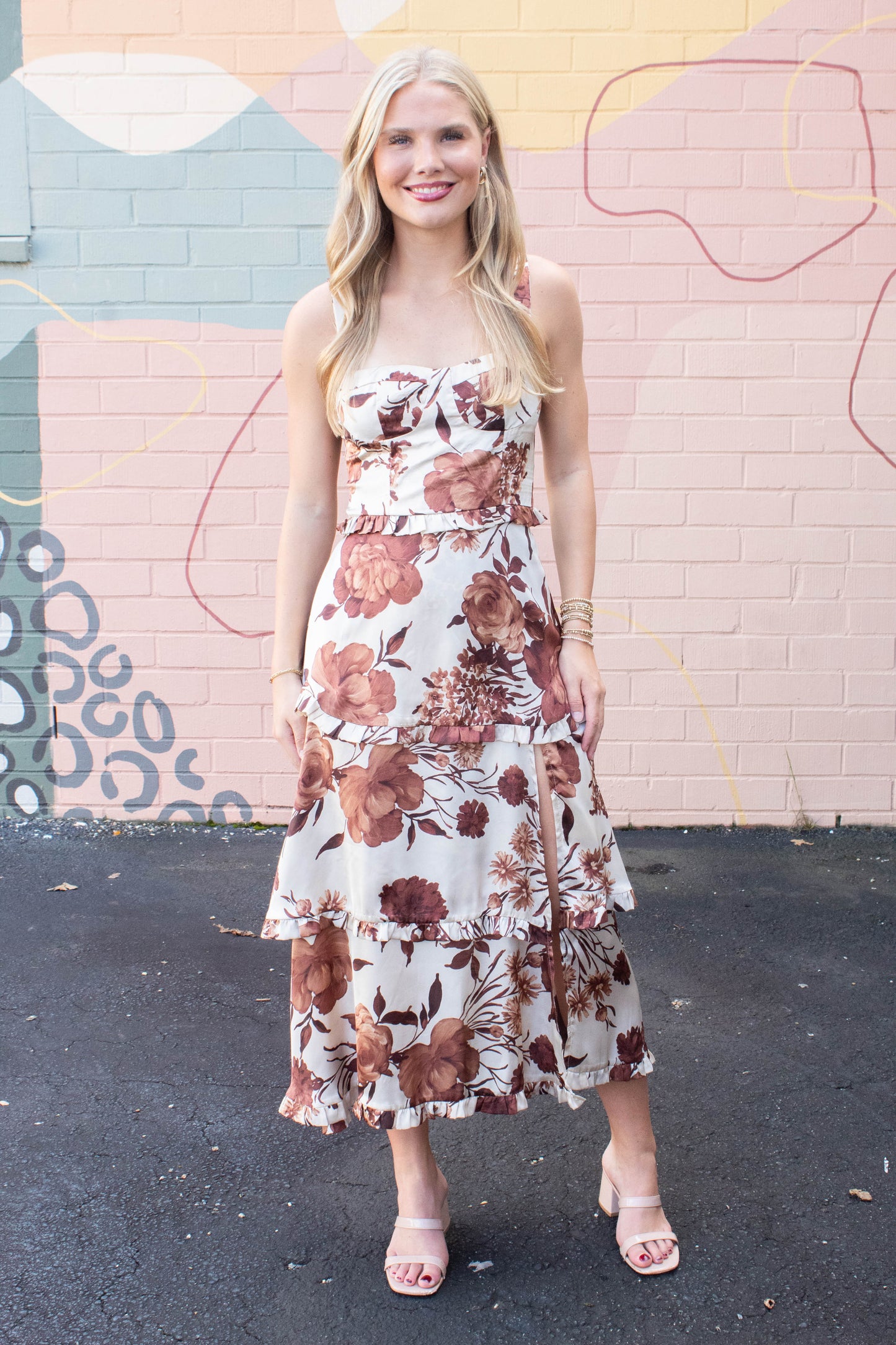  Blair Floral Tiered Satin Dress, Coffee Cream Brown