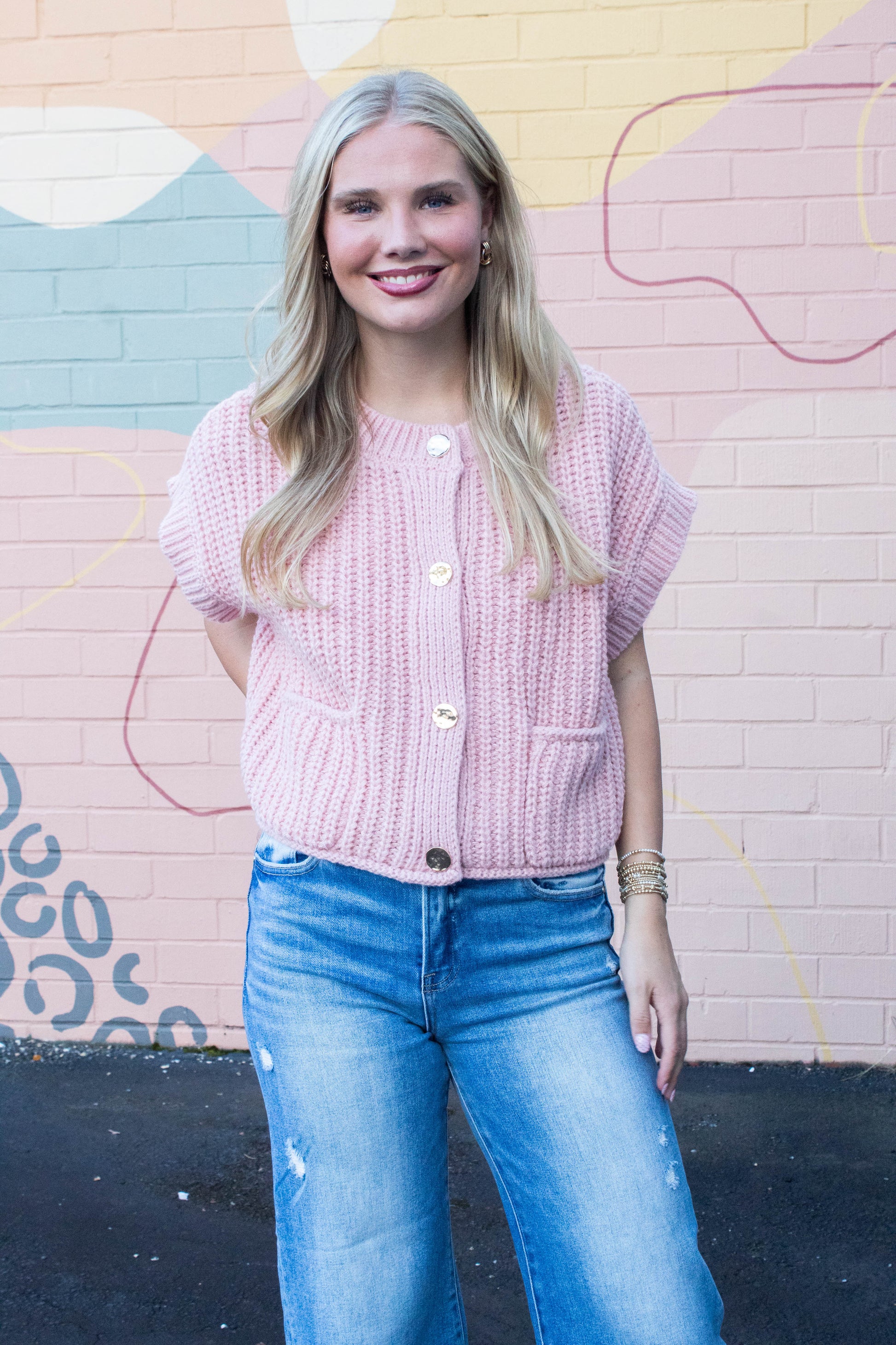  Dorothea Chunky Button Down Sweater, Blush