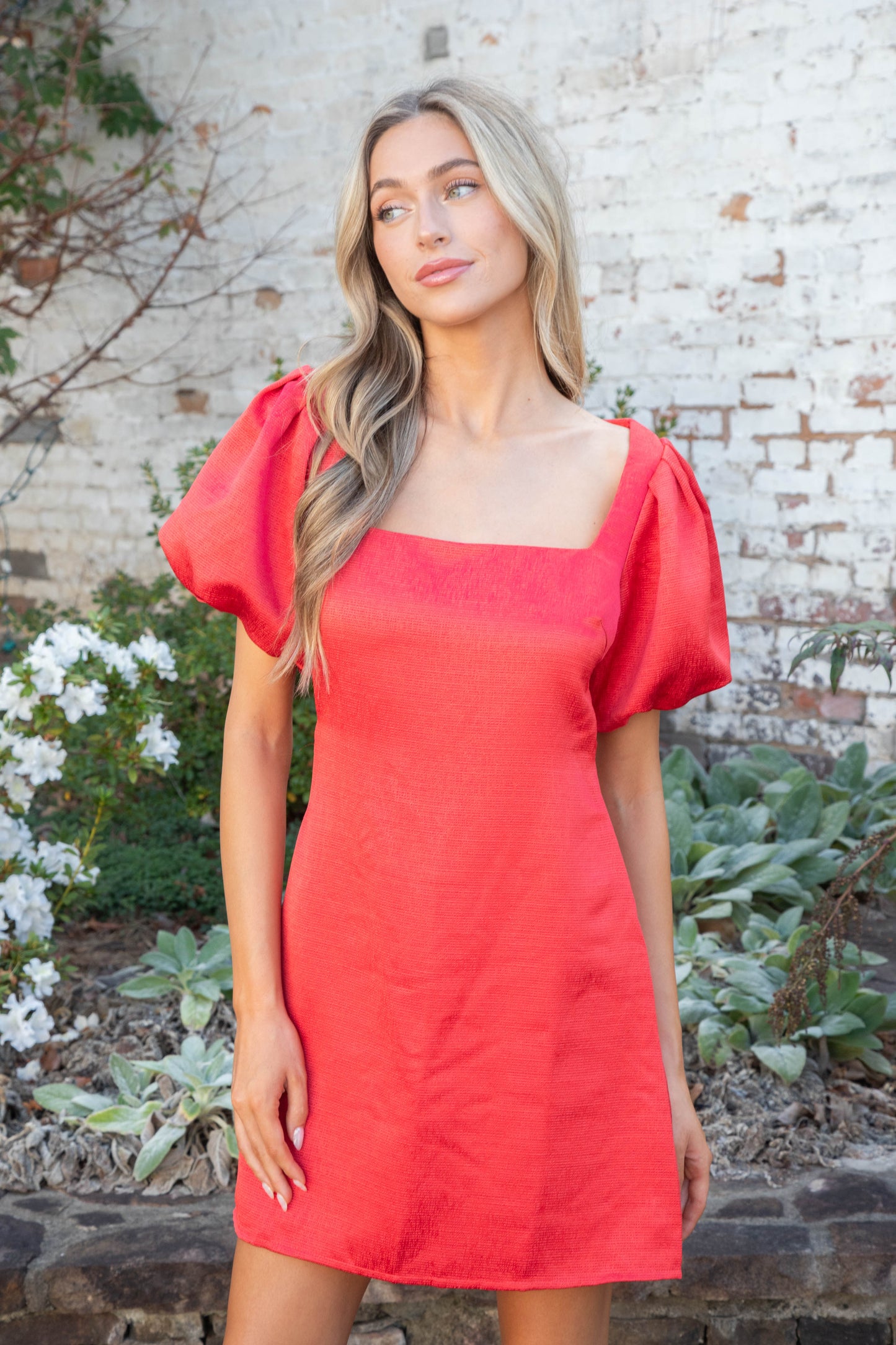  Eliora Puff Sleeve Mini Dress, Red