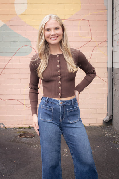  Josie Rib Knit Cropped Cardigan, Brown