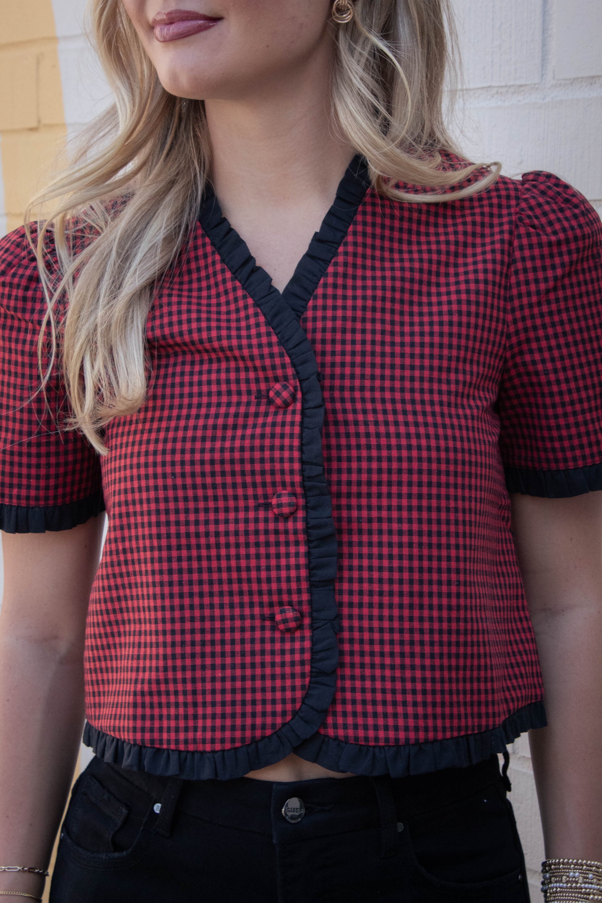  Augustine Contrast Trim Checkered Top, Red Black