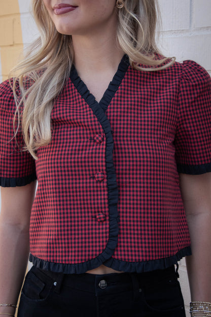  Augustine Contrast Trim Checkered Top, Red Black