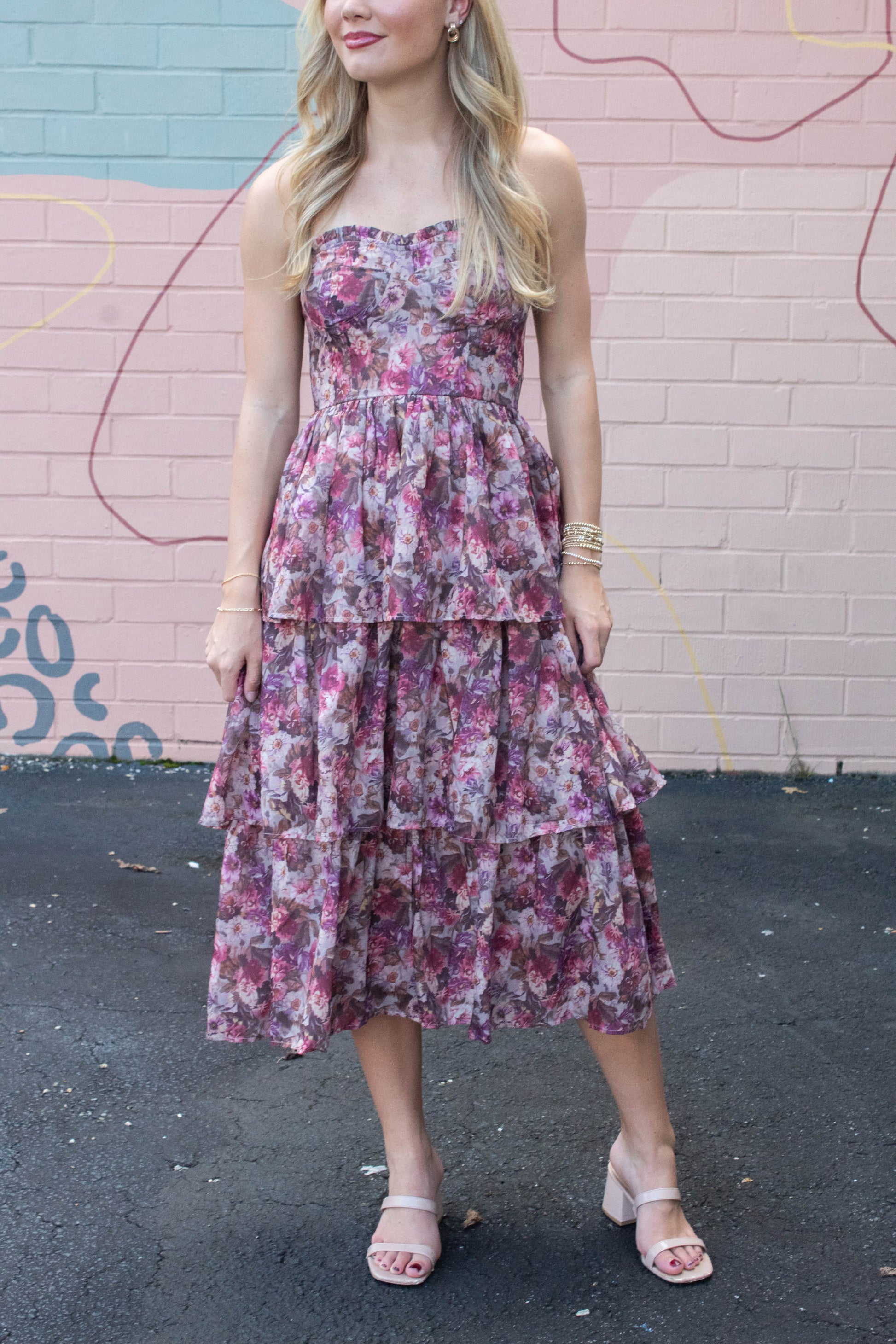  Scottie Tiered Ruffle Dress, Beige/Pink Floral