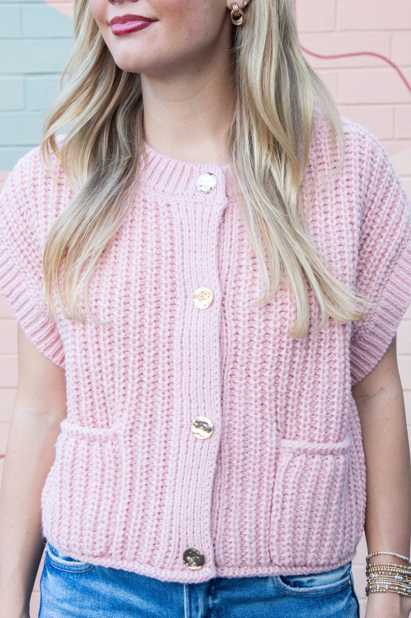  Dorothea Chunky Button Down Sweater, Blush