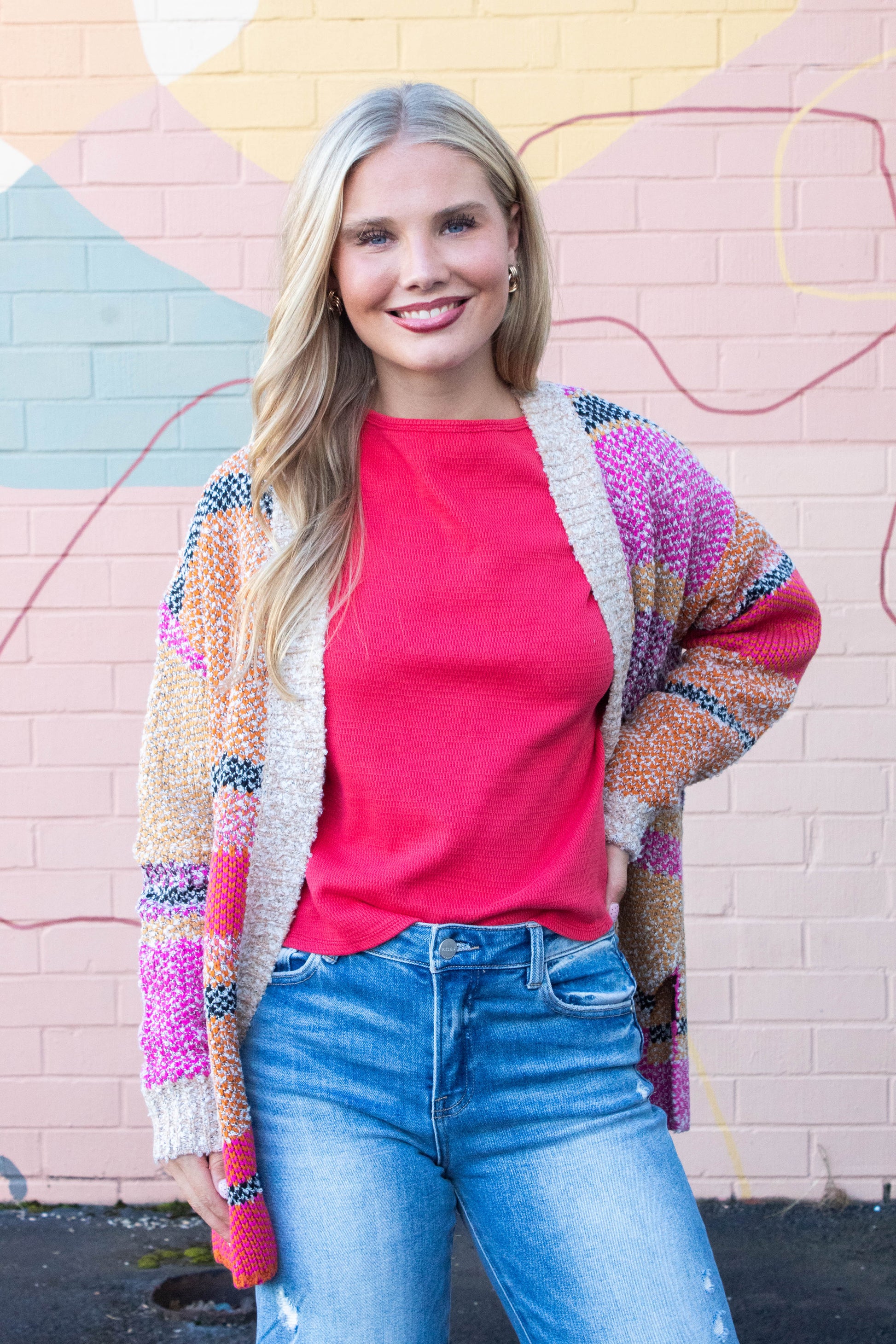  Frankie Oversized Color Block Cardigan, Fuchsia Mustard Multi