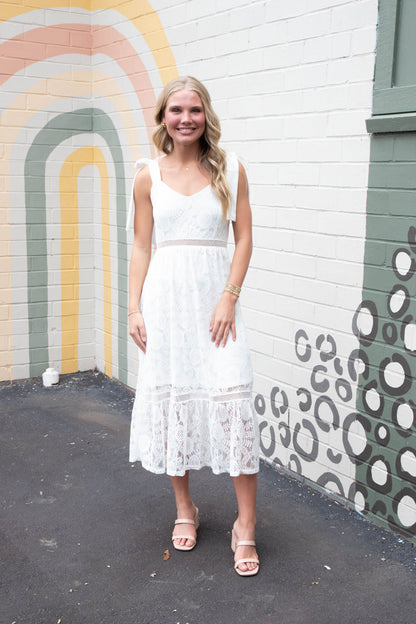  Gabriela Lace Sheer Trim Midi Dress, Off White