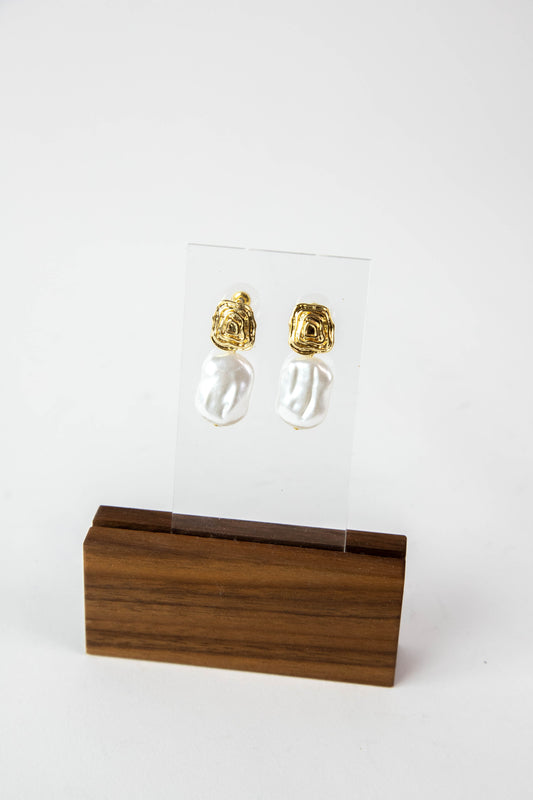  Baroque Pearl & Textured Square Drop Earrings, Cream/Gold