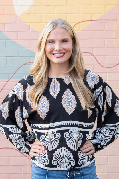  Kehlani Boho Print Blouse, Black Mix