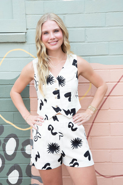  Priscilla Doodle Print Linen Vest, Cream