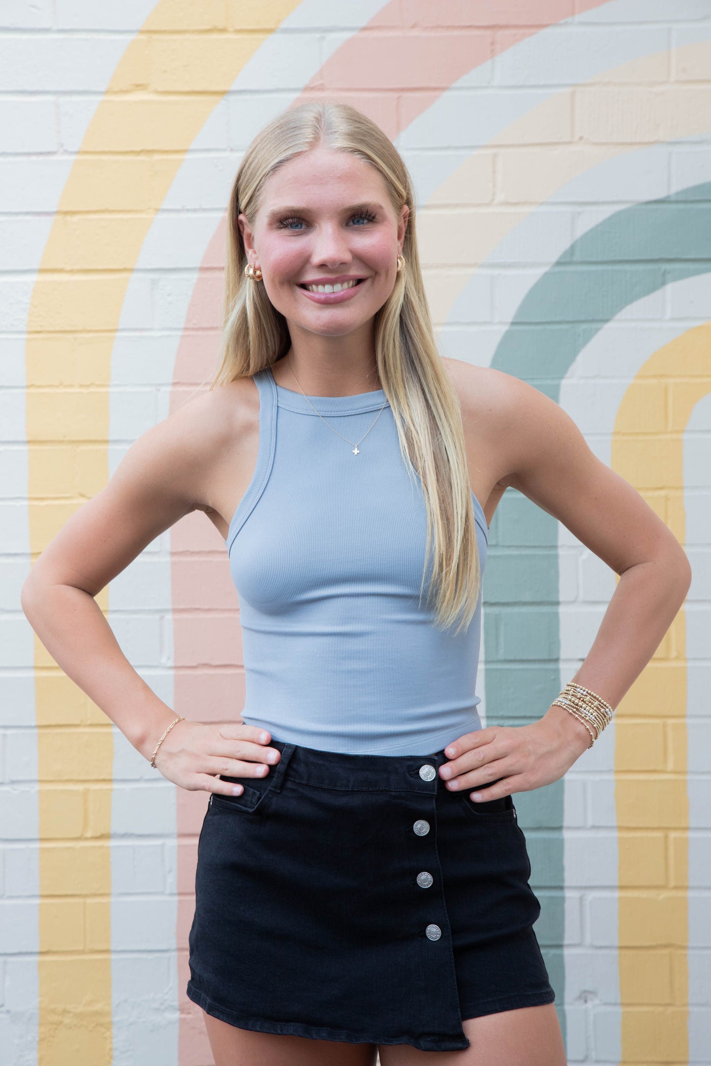  Antonella Bib Rib Round Hem Cami, Light Blue