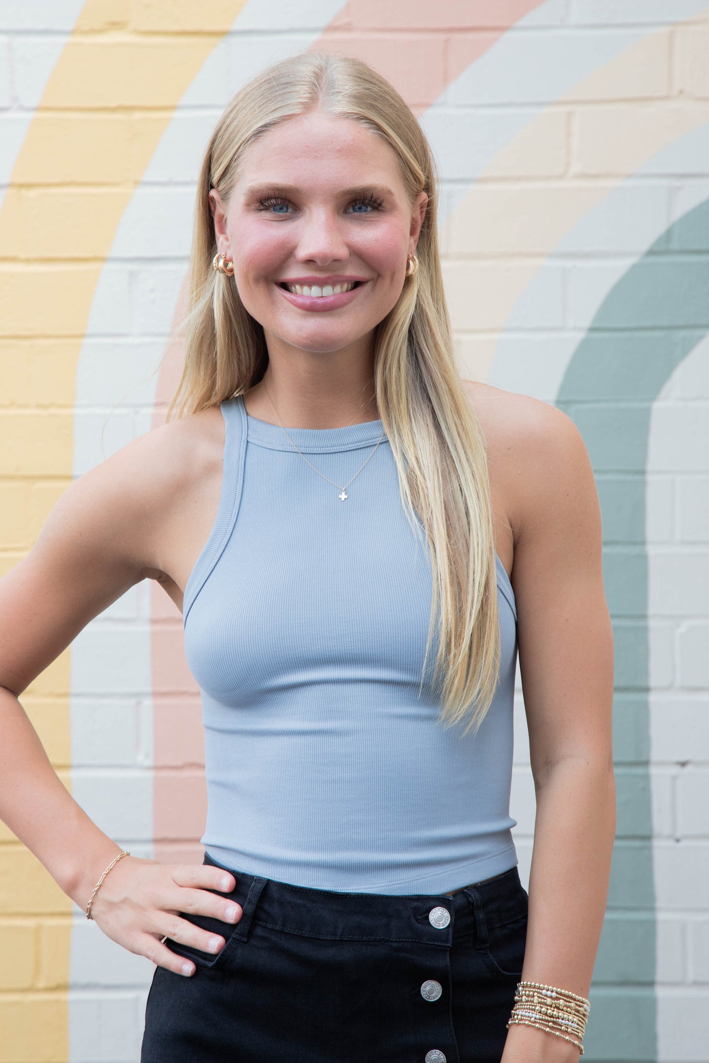  Antonella Bib Rib Round Hem Cami, Light Blue