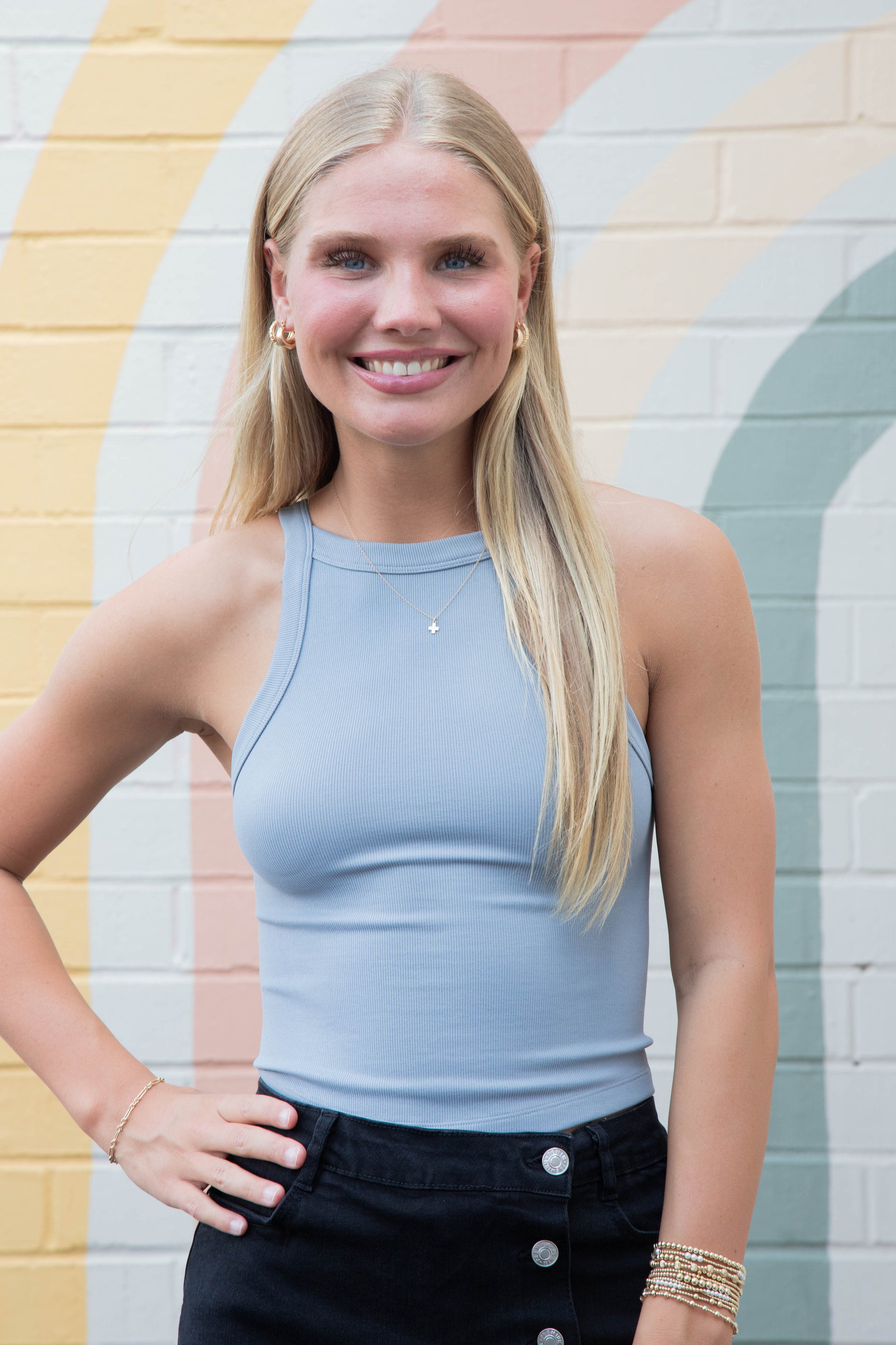  Antonella Bib Rib Round Hem Cami, Light Blue